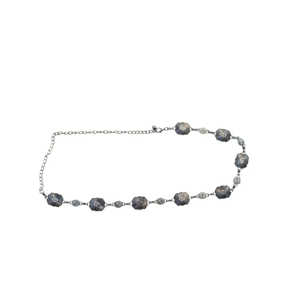 Western Silver Tone Concho Chain Belt Scalloped Diamond‎ Sunburst Etched Boho